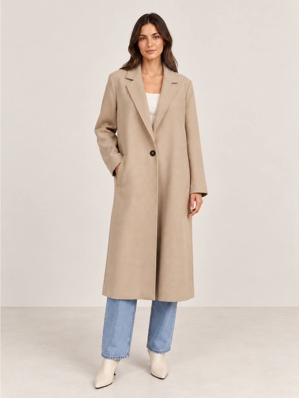 H&M Beige Single Breasted Longline Coat Size M | Minimalist Scandi